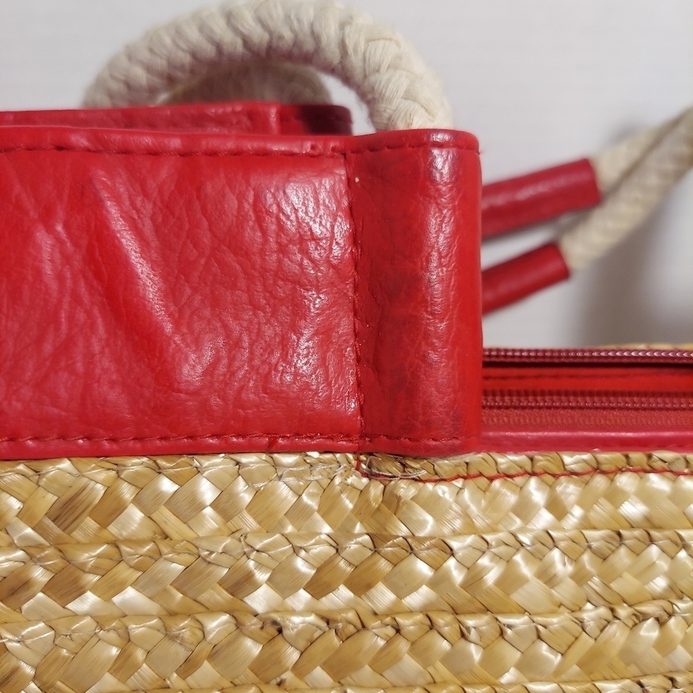 Straw Studios Bags: Tote Red Anchor Appliqué Natural Straw Nautical Beach - Picture 8 of 13
